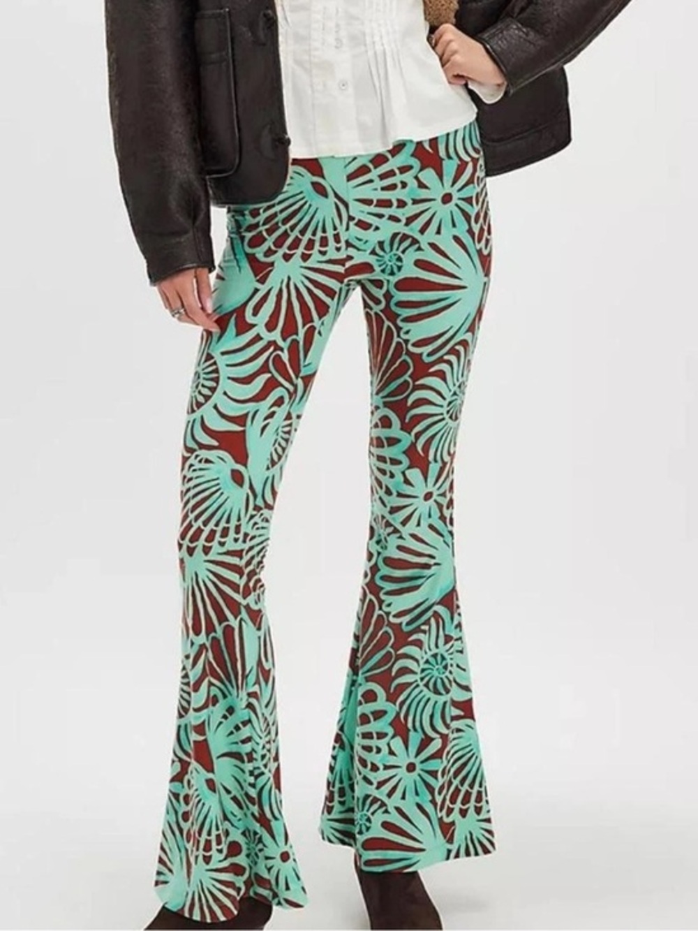 Free People Floral Print Flared Pants in Mint and Brown Size XL